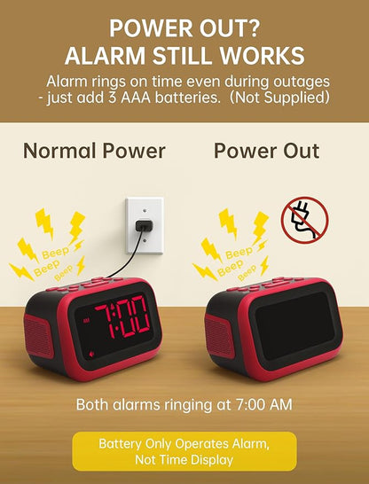 Loud Alarm Clock for Heavy Sleepers: 115dB Dual Alarms with 6 Unique Sounds for Bedroom Dorm Room Use - On-Time Wake Up for Teen College Students - Red