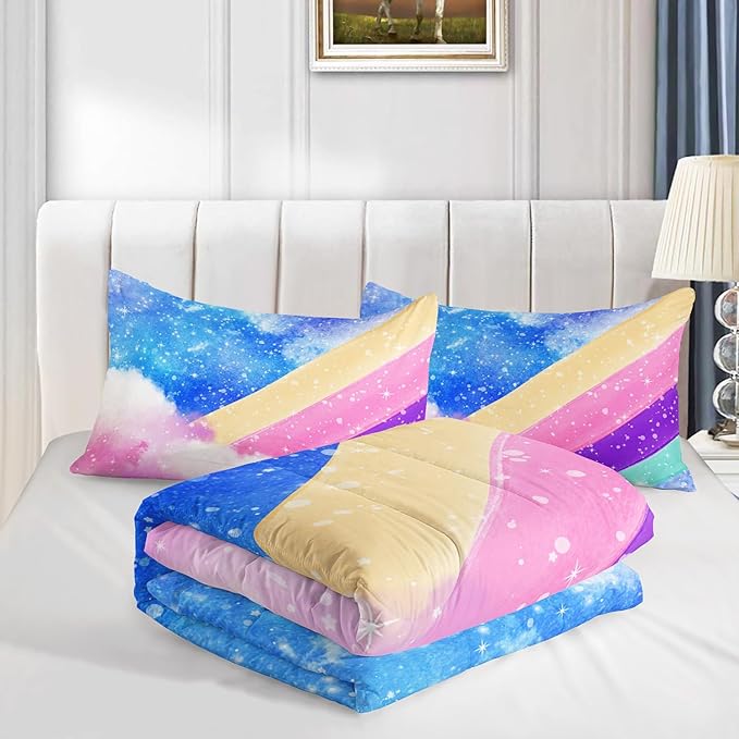 3 Piece Rainbow Twin Size Comforter Set for Teen Girls Adults,Stars Soft Bedding Sets All Season,Blue Space Quilt Set Season Alternative Down Bedding with 2 Pillowcase