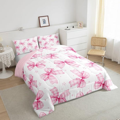 Feelyou Cute Bowknot Comforter Set Twin Size Plaid Bow Bedding Set Pink Girls Bow Comforter Kawaii Duvet Lovely Quilt 2Pcs