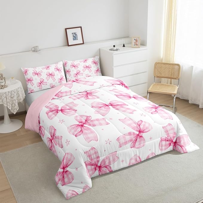 Feelyou Cute Bowknot Comforter Set Full Size Plaid Bow Bedding Set Pink Girls Bow Comforter Kawaii Duvet Set Lovely Quilt Set 3Pcs