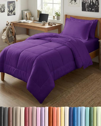 Twin XL Comforter Set - 5 Piece Bed in a Bag Twin XL Size Bed Set - Down Alternative Comforter, Flat Sheet, Fitted Sheet, Pillowcase & Sham for All Seasons - Ultra Soft, Comfy & Breathable - Purple