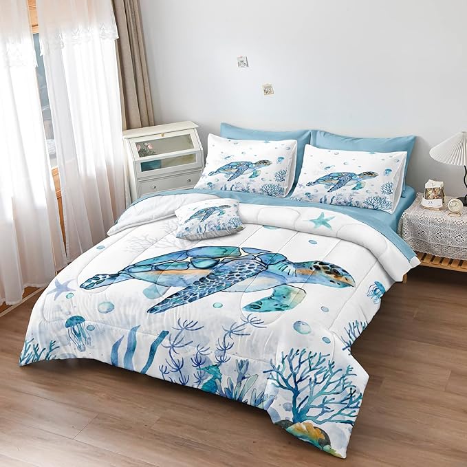 Sea Turtle Comforter 8 Pieces King Size Bed in a Bag Beach Ocean Bedding Sets with 1 Turtle Comforter, 1 Teal Blue Flat Sheet, 1 Fitted Sheet, 4 Pillowcases, 1 Cushion Cover(Sea Turtle, King)