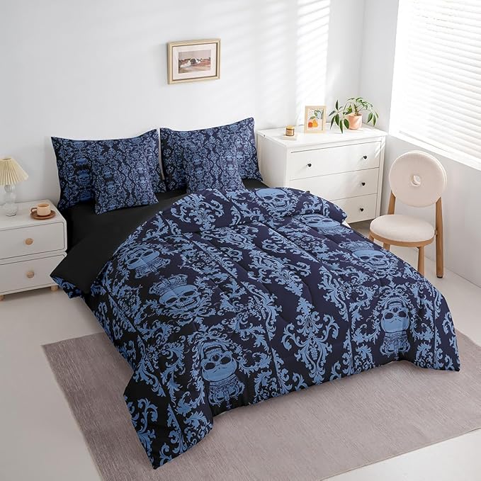Erosebridal Sugar Skull 7 Piece Comforter Set Full Bed in a Bag,Gothic Bedding Set,Black Blue Damask Bohemian Vintage Floral Comforter and Sheet Set,Goth Skeleton Antique Victorian Baroque Decor