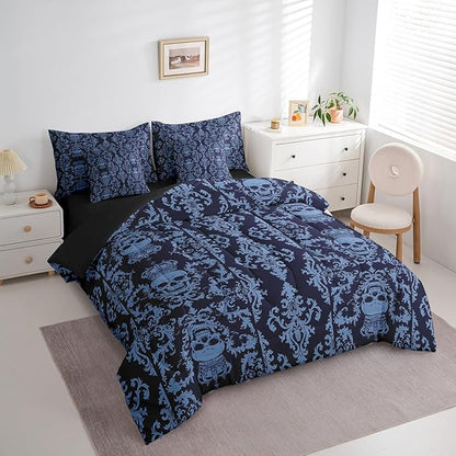 Erosebridal Sugar Skull 7 Piece Comforter Set Full Bed in a Bag,Gothic Bedding Set,Black Blue Damask Bohemian Vintage Floral Comforter and Sheet Set,Goth Skeleton Antique Victorian Baroque Decor