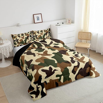 Erosebridal Duck Hunter Duvet Insert Queen Size Camo Bedding for Kids Army Camouflage Hunting Bedding Comforter Sets Vintage Green Brown Bedroom Decor Wild Animal Duck Rustic Comforter Set