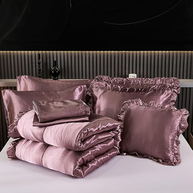 Silk Like Satin Comforter Set with Sheet Set King Size 8 Pieces Blush Pink Satin Bedding Set Silky Ruffle Pattern Home Deocr Luxury Silky Comforter Set with 1 Cushion Cover