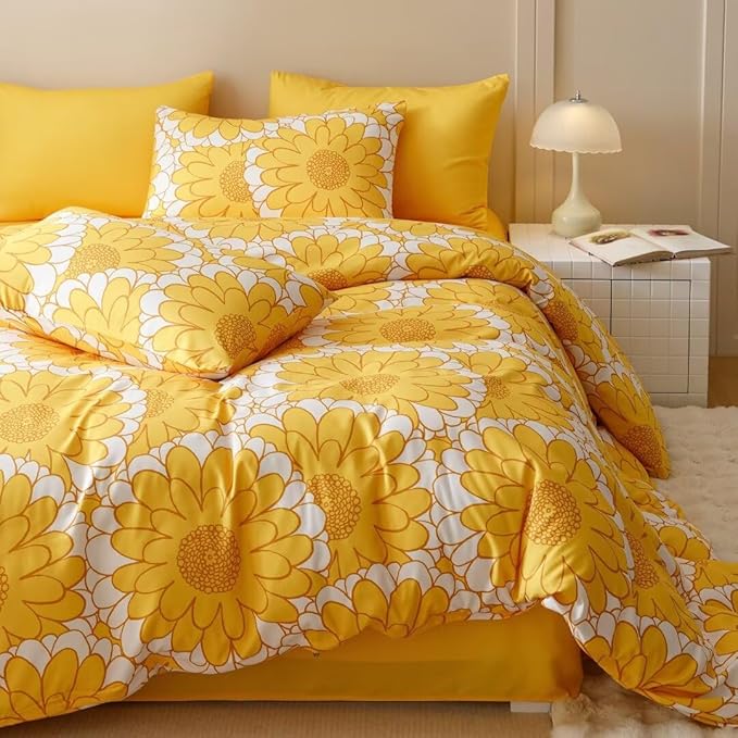 CLOTHKNOW Yellow White Sunflower King Size Comforter Set 3Pcs Floral Bedding Comforter Sets Boho Comforter Women Girls Comforter with 2 x Pillow Cases