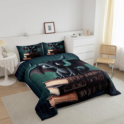 Manfei Kawaii Dragon Bedding Comforter Sets Twin,Cute Little Dragon Reading Books Bedding Set for Bedroom Decoration,Green Grids Geometric Checker with 1 Comforter and 1 Pillow Case Bedroom Decor
