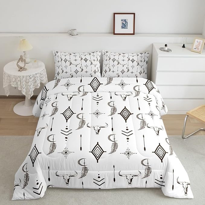 Feelyou Western Bull Skull Comforter Set Ethnic Horns Boho Bedding Set King Size for Kids Adult Brown White Tribal Symbol Mysterious Aztec Comforter