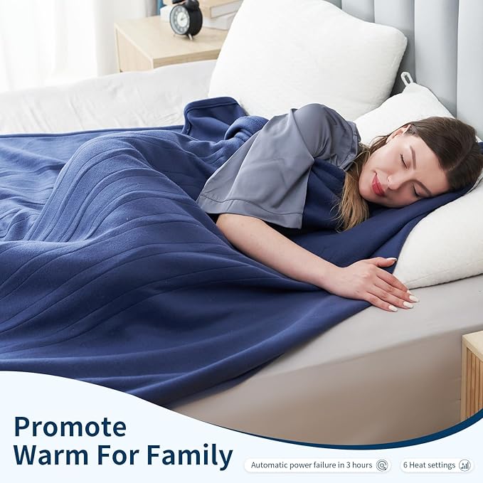 Electric Heated Blanket Twin Size 62"x84", Fast Heating Throw, Soft Fleece for Bed & Sofa, 10 Hours Auto Off & 4 Heating Levels, Machine Washable, Gifts for Grandma & Family-Dark Blue