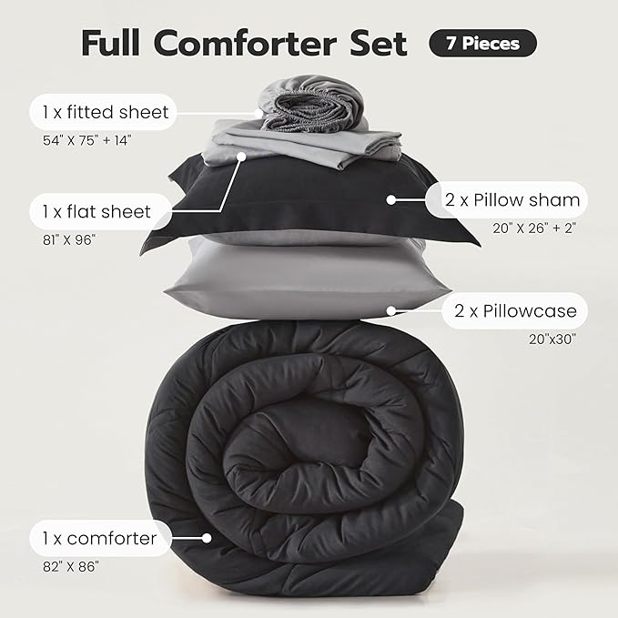 Joiedomi Full Size Comforter Set with Sheets Black, 7 Pieces Full Size Bed Set with 1 Down Alternative Comforter, 1 Flat Sheet, 1 Fitted Sheet, 2 Pillowcases and 2 Pillow Shams, Bed in a Bag
