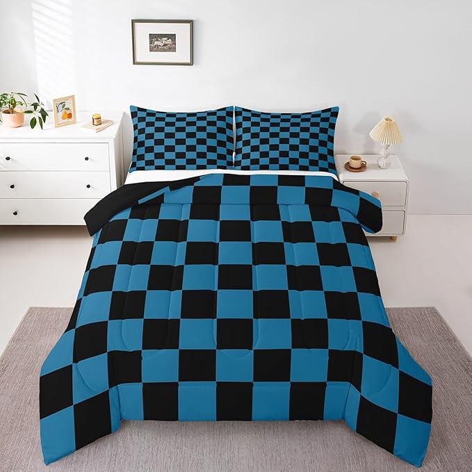 Feelyou Checkered Bedding Set Teen Women Men Blue Black Plaid Comforter Set Toddler Size Kids Boys Girls Cute Retro Neutral Checkerboard Geometric Duvet Insert Vintage Aesthetic Room Decor