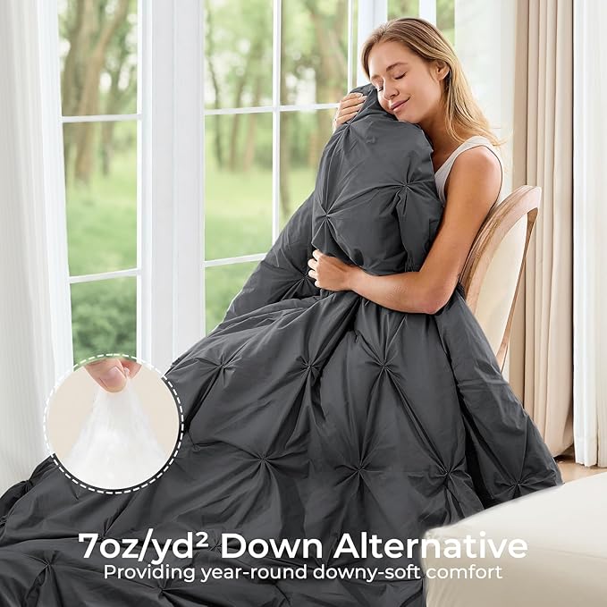 Sasttie Twin Comforter Set, 5-Piece Bed in a Bag, Pintuck Bedding Sets for All Season, Includes Comforter, Flat Sheet, Fitted Sheet, Pillowcase and Pillowsham, Dark Grey