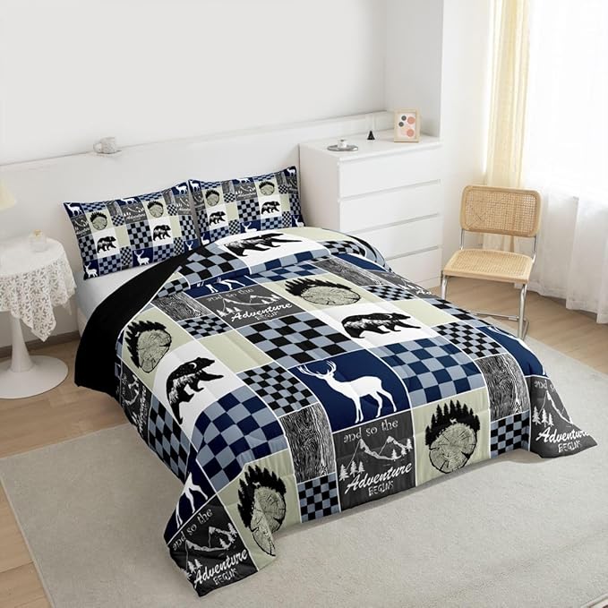 Retro Farmhouse Cabin Comforter Set, Rustic Bear Deer Quilt Full Size, Camping Lodge Forest Bedding Hunting Animal Blue Plaid Duvet Insert For Kids Teens Adult Bedroom Decor, Cabin Gifts For Men