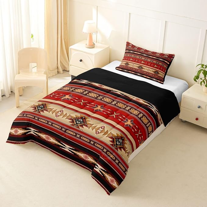 Erosebridal Aztec Bedding Set Ethnic Tribal Arrow Comforter Set,Vintage Southwestern Native Bohemian Quilt Twin,Western Star Duvet Insert Exotic Geometric Diamond Stripes Room Decor,Red and Black