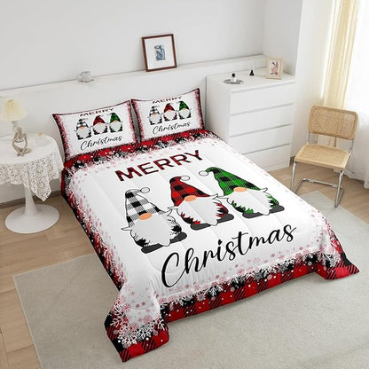 Merry Christmas Comforter Set Queen Size,Cartoon Santa Claus Bedding Set 3Pcs for Kids Boys Girls Room Decor,Red Black Checkered Snowflake Quilt Set Geometric Xmas Duvet Insert,2 Pillowcases