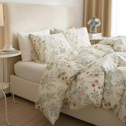 MKXI Queen Comforter Set Cute Green Floral Bedding Comforter Set White Printed Reversible Soft Comforter Garden Style