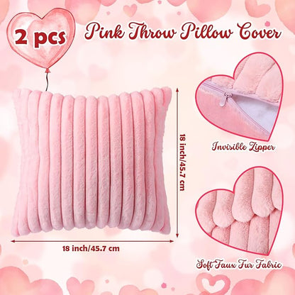 Leinuosen Set of 3 Pink Heart Throw Pillow and 18 in Pillows Covers for Spa Party Faux Fur Decorative Heart Shaped Pillow Furry Stripe Pillowcase for Girls Night Bed Couch Living Room Home Decor