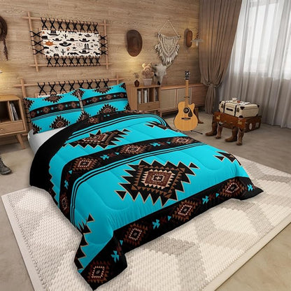 King Size Western Aztec Comforter Set, Native American Navajo Bedding Set for Boys Adult Teens, Southwestern Geometric Quilt Ethnic American Native Duvet Insert Rustic Farmhouse Decor, Blue