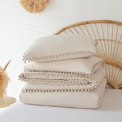 YIRDDEO Twin Comforter Set - Comforter Twin Size Bed with Ball Pom Fringe, Soft Bedding Set for All Seasons - 2 Pieces, 1 Comforter (66"x90") & 1 Pillow Sham(20"x26"), Beige
