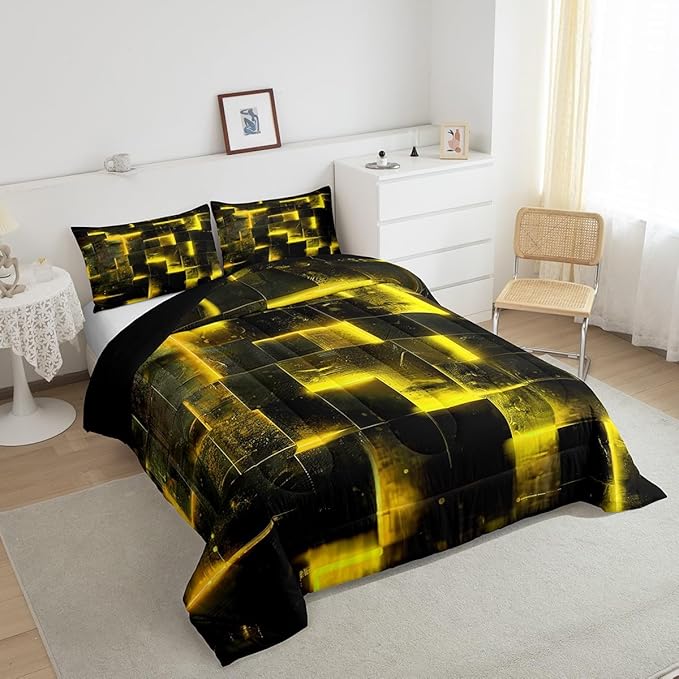 Black Yellow Abstract Comforter King Gradient Square King Bedding Set Grid Down Comforter Neon Checkered Bed Set Glowing Plaid Quilted Duvet 3D Modern Bedroom Decor 3pcs (Black Reversible)