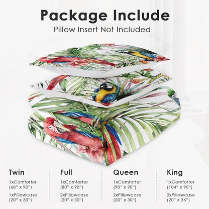 King Size Comforter Set with 2 Pillowcases, Tropical Flower Palm Leaf 3 Pcs Bedding for Kids and Adults, Hibiscus Birds Soft Comforter Set for Bedroom Bed Decor