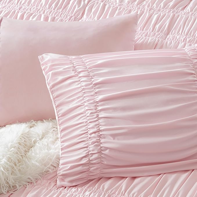 Intelligent Design Twin Comforter Set Ruched Shabby Chic Comforters for Twin Size Bed, All Season Lightweight Comforter Twin, French Country Bedding Set, Sham, Ella, Twin/Twin XL Pink, 2 Piece