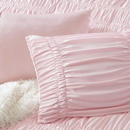 Intelligent Design Twin Comforter Set Ruched Shabby Chic Comforters for Twin Size Bed, All Season Lightweight Comforter Twin, French Country Bedding Set, Sham, Ella, Twin/Twin XL Pink, 2 Piece