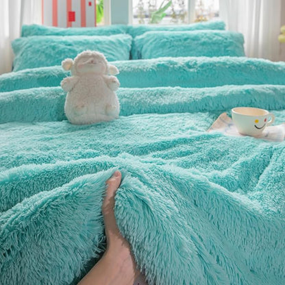 chovy Faux Fur Plush Sky Blue Comforter Sets Queen - Ultra Soft Shaggy Flannel Velvet Fluffy Fuzzy 3PC Bedding Set (Comforter x 1 Pillowcases x 2)