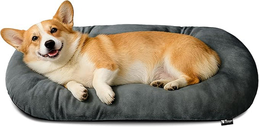 Washable Large Dog Bed 35x22 Inch - Silver Fox Faux Fur Supportive Pad, Non-Slip Bottom Durable Oval Pet Bed Indoor Outdoor for Medium Dogs Cats(Dark Grey)