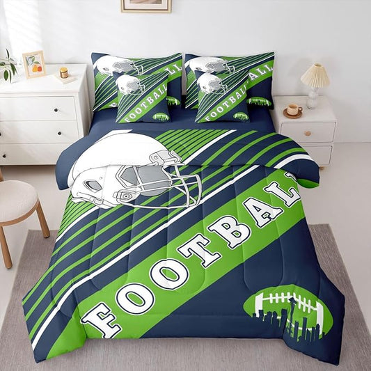 Erosebridal Football Comforter Set Full Size Bed in A Bag, 7 Pieces Football Bedding with Sheets, Navy Green Comforter + Flat Sheet + Fitted Sheet + 2 Pillowcases + 2 Throw Pillow Covers
