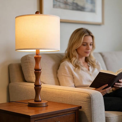 BOBOMOMO 25" Rustic Table Lamps Set of 2, Farmhouse Nightstand Lamps with Wood Grain Resin Base & Linen Shade, Standard Table Lamps for Bedroom, Living Room, End Table & House Décor