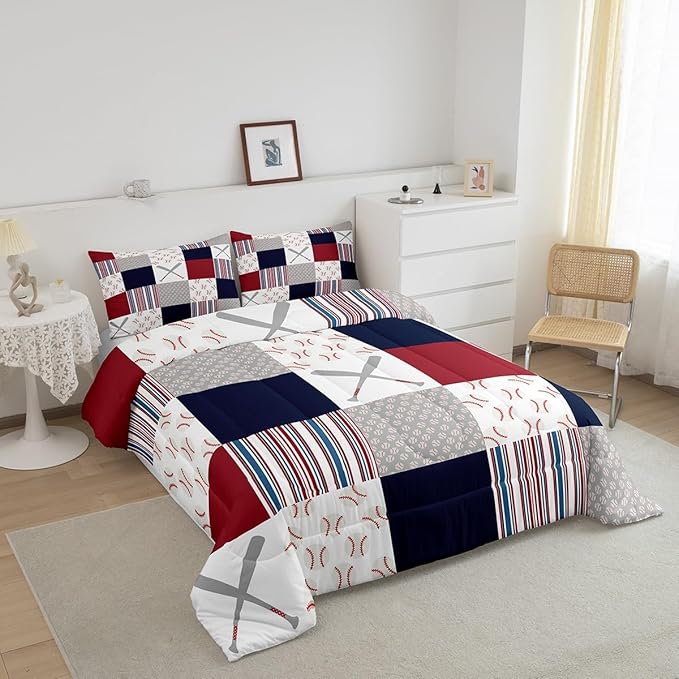 Feelyou Baseball Comforter Set King Size Sports Game Comforter Baseball Gaming Bedding Set Gift for Baseball Lover Duvet Set Room Decor White Navy Quilt Set