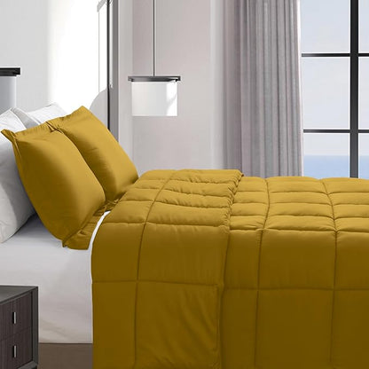 Elegant Comfort 3-Piece Box Stitched Down Alternative Comforter with Shams - Ultra Soft for All Season Duvet Insert with Corner Tabs, Plush Cozy 3PC Comforter Set, Twin, Mustard Yellow