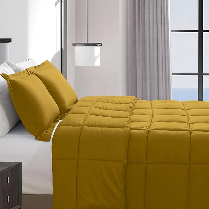 Elegant Comfort 3-Piece Box Stitched Down Alternative Comforter with Shams - Ultra Soft for All Season Duvet Insert with Corner Tabs, Plush Cozy 3PC Comforter Set, Oversize Queen, Mustard Yellow