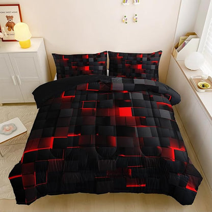 Neon Red Black Comforter Set King Geometric Kids Bedding Set,3 PCS Geometry Honeycomb Bed Set Modern Quilt Set 1 Comforter 2 Pillow Cases Cool Room Decor All Season B-Side Black