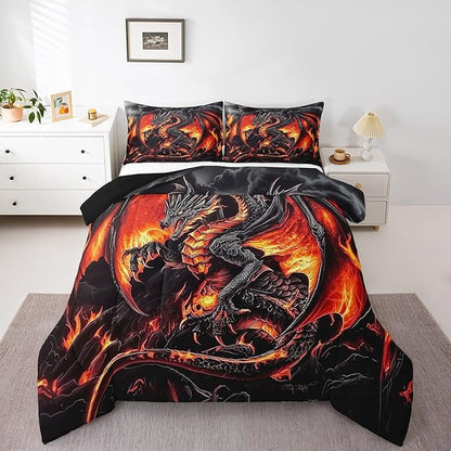 Erosebridal Dragon Queen Size Bedding Set, Ancient Animal Comforter Set for Adult Men Room, Black Gold Wildlife Down Comforter, Lightweight Quilt, Breathable Room Decor