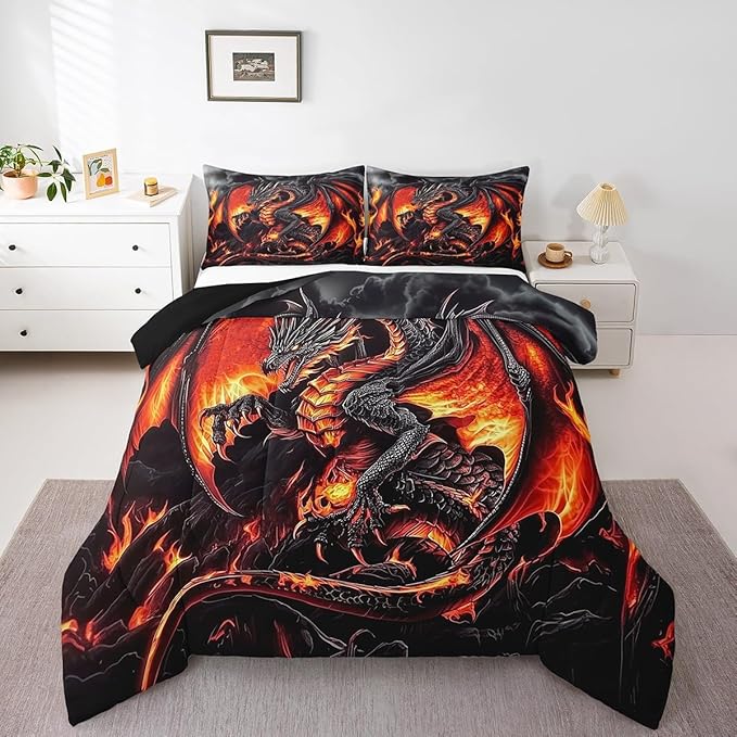 Erosebridal Dragon King Size Bedding Set, Ancient Animal Comforter Set for Adult Men Room, Black Gold Wildlife Down Comforter, Lightweight Quilt, Breathable Room Decor