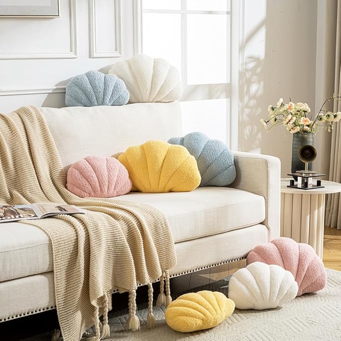 Seashell Throw Pillows Shell Shaped Pillow Blue Sea Shell Pillows for Bed Seashell Decorative Pillow Soft Plush Pillow Sea Couch Decoration(18 X 13 inch)