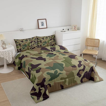 Erosebridal Camo Comforter Set Toddler Size Army Green Bedding for Kids Farmhouse Camouflage Hunting Comforter Vintage Brown Room Decor Wild Duck Rustic Animal Duvet Set