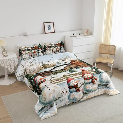 Cute Snowman Bedding Set Queen Size,Rustic Cabin Barn Comforter Set 3Pcs for Kids Girls Boys Teens Room Decor,Winter Christman Theme Quilt Set Vintage Countryside Duvet Insert,2 Pillowcases