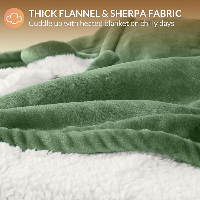 HOMLYNS LuxeHeat Heated Blanket Electric Blanket, Soft Flannel Sherpa Heated Throw, Heating Blanket with 5 Heat Settings, 3 hrs Timer Auto Shut Off (50x60 inches, Green)