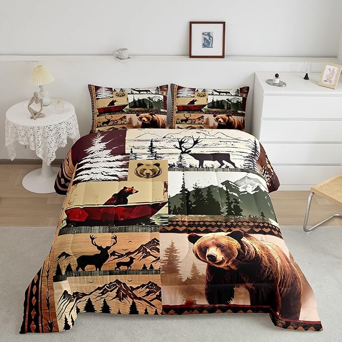Feelyou Bear Bedding Set Farmhouse Wild Animals Comforter Set for Kids Boys Girls Cute Elk Print Comforter Western Cabin Patchwork Quilt Set Bedroom Collection 3Pcs Full Size