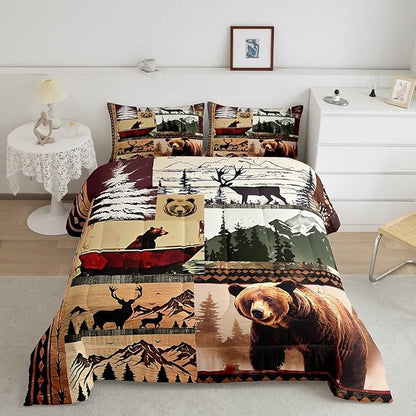 Feelyou Bear Bedding Set Farmhouse Wild Animals Comforter Set for Kids Boys Girls Cute Elk Print Comforter Western Cabin Patchwork Quilt Set Bedroom Collection 3Pcs Full Size