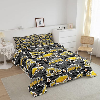 Erosebridal Excavator Comforter Set Queen Concrete Truck Pattern Bedding Set Child Teens Construction Down Comforter for Kids Boys Cartoon Toy Cars Quilt Set Bedroom Decor, Grey