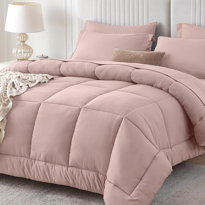 Sasttie California King Comforter Set, 7 Pieces Cal King Bed in a Bag, Complete Bedding Set Includes Comforter, Flat Sheet, Fitted Sheet, Pillowcases and Pillow Shams, Rose Gold