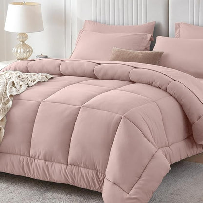 Sasttie California King Comforter Set, 7 Pieces Cal King Bed in a Bag, Complete Bedding Set Includes Comforter, Flat Sheet, Fitted Sheet, Pillowcases and Pillow Shams, Rose Gold