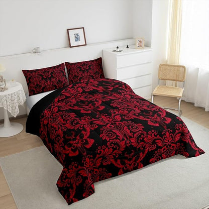 Feelyou Adults Red Vintage Damask Floral Comforter Set Oriental Antique Comforter King Size Gothic Bohemia Boho Flower Bedding Set Gothic Skull Duvet Set Quilt Set 3Pcs