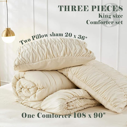 Bonlino King Size Comforter Set Bedding - Ruched Wheat Comforter King Bed Set Boho Shabby Chic Bedding for Bedroom Comforter Fluffy 3 Piece Ruffle Comforter Set with Pillow White Soft and Luxury