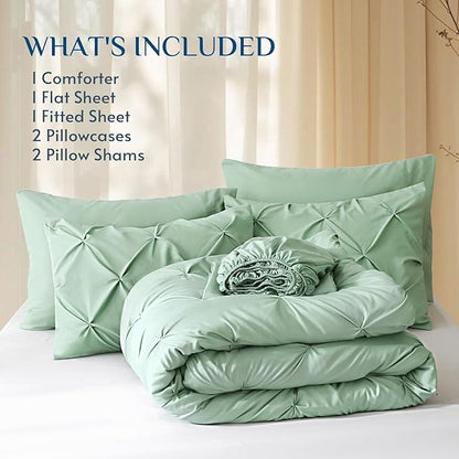 JOLLYVOGUE King Size Comforter Set 7 Pieces - Bed in a Bag King for All Season, Pintuck Bedding Comforter Sets with Comforter, Flat Sheet, Fitted Sheet and Pillowcases & Shams, Sage Green